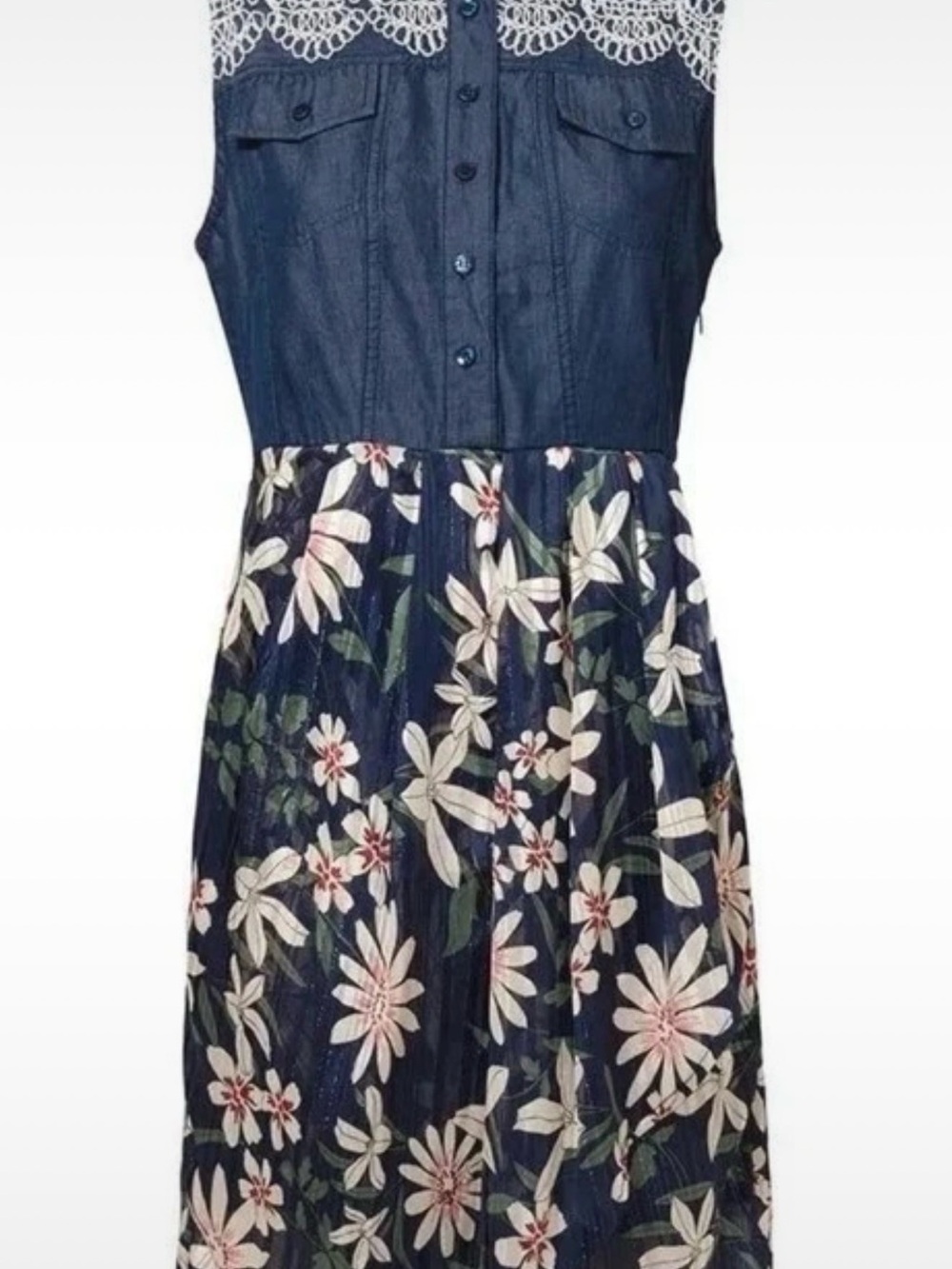 Desigual Navy Floral Midi Dress with White Lace Yoke